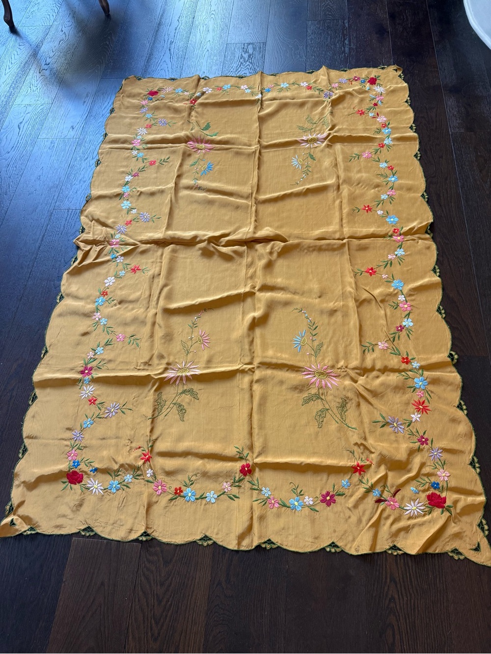 Vintage Floral Tablecloth in Mustard Yellow with Hand Embroidered Detail
